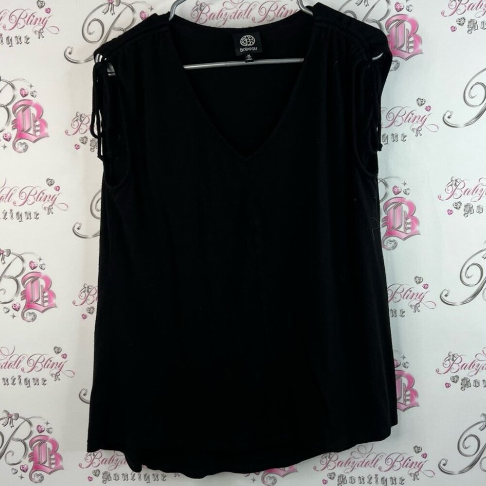 Bobeau tank top cinch tie ups shoulders ribbon luxe Black V-Neck Blouse